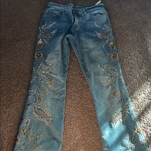 Y2K Hannah Montana Styled Blue Embellished Flare Jeans with Floral Jewel Accents